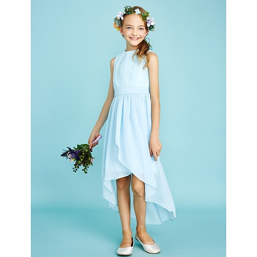 

Sheath / Column Asymmetrical Jewel Neck Chiffon Junior Bridesmaid Dresses&Gowns With Pleats Wedding Party Dresses 4-16 Year
