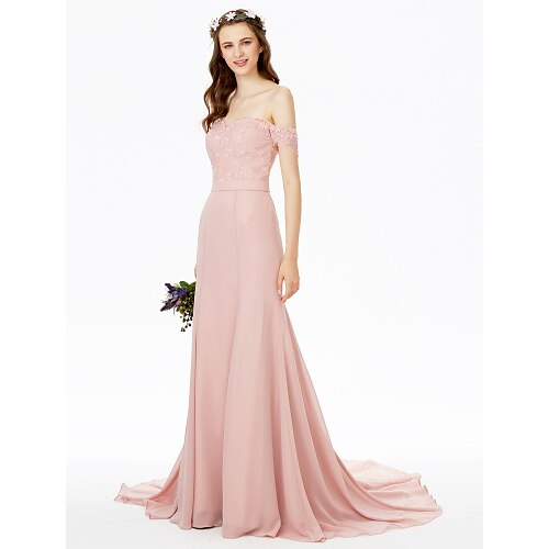 

Sheath / Column Bridesmaid Dress Off Shoulder Short Sleeve Sexy Sweep / Brush Train Chiffon / Floral Lace with Lace / Sash / Ribbon 2022 / See Through