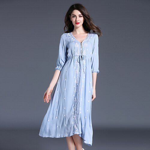 

Women's Loose Knee Length Dress Blue Black Patchwork Vintage Style All Seasons V Neck Vintage Streetwear Sophisticated