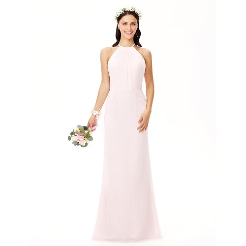 

Sheath / Column Bridesmaid Dress Jewel Neck Sleeveless Elegant Floor Length Chiffon with Pleats 2022