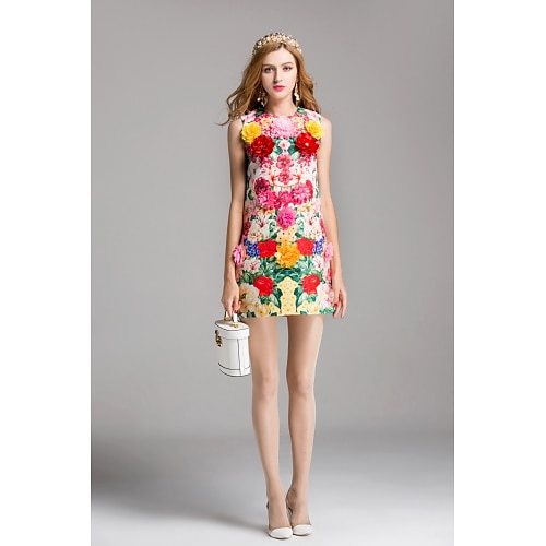 

Women's A Line Dress Short Mini Dress Pink Sleeveless Flower Print Spring Summer Round Neck Party Floral S M L XL