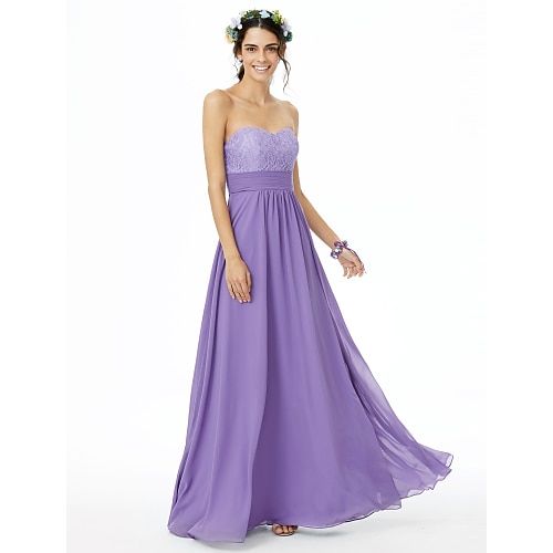 

A-Line Bridesmaid Dress Sweetheart Neckline Sleeveless Open Back Floor Length Chiffon / Lace with Lace / Sash / Ribbon / Ruched 2022