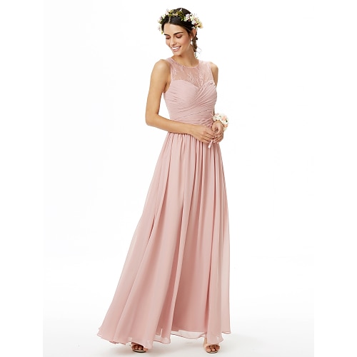 

A-Line Bridesmaid Dress Jewel Neck Sleeveless See Through Floor Length Chiffon / Lace with Lace / Criss Cross / Pleats 2022