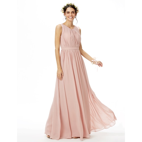 

A-Line Bridesmaid Dress Jewel Neck Sleeveless Elegant Floor Length Chiffon with Sash / Ribbon / Pleats / Side Draping 2022