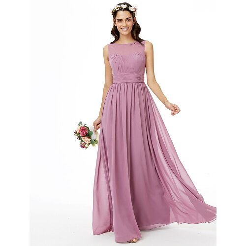 

A-Line Bridesmaid Dress Jewel Neck Sleeveless Open Back Floor Length Chiffon with Sash / Ribbon / Pleats / Ruched 2022