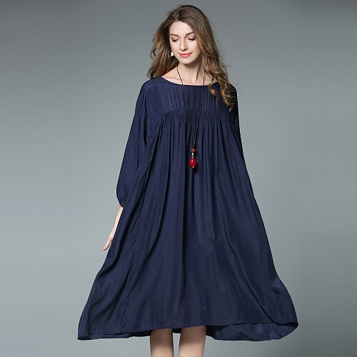 

Women's Loose Midi Dress Blue Black Gray 3/4 Length Sleeve Solid Colored Fall Spring Round Neck Casual Boho Bohemia Beach