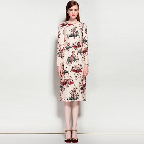 

Women's A Line Dress Knee Length Dress Beige Long Sleeve Floral Animal Spring Summer Round Neck Streetwear Party