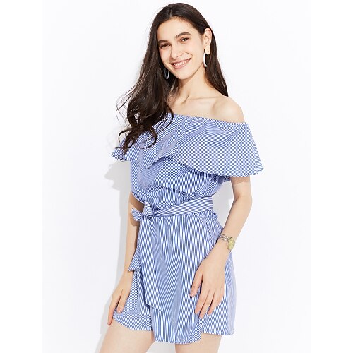 Women's Romper Striped Boat Neck Streetwear Daily Going out Slim Short Sleeve Blue S M L Summer