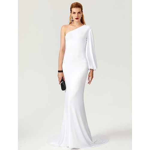 

Mermaid / Trumpet Celebrity Style Dress Engagement Court Train Long Sleeve One Shoulder Jersey with Pleats 2022 / Formal Evening