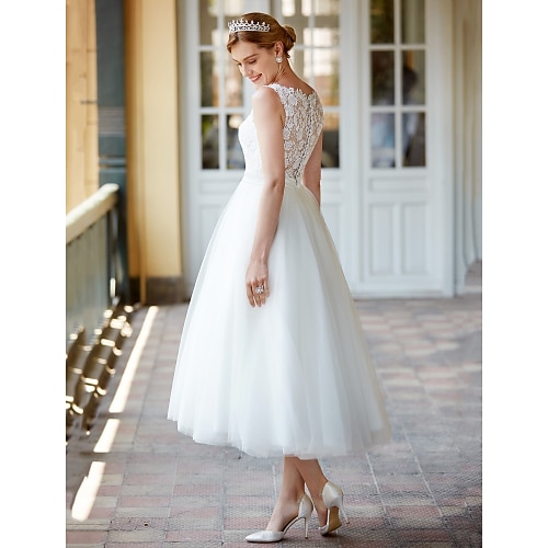 

A-Line Wedding Dresses Bateau Neck Tea Length Lace Over Tulle Regular Straps Formal Casual Illusion Detail Elegant with Sashes / Ribbons Buttons 2022