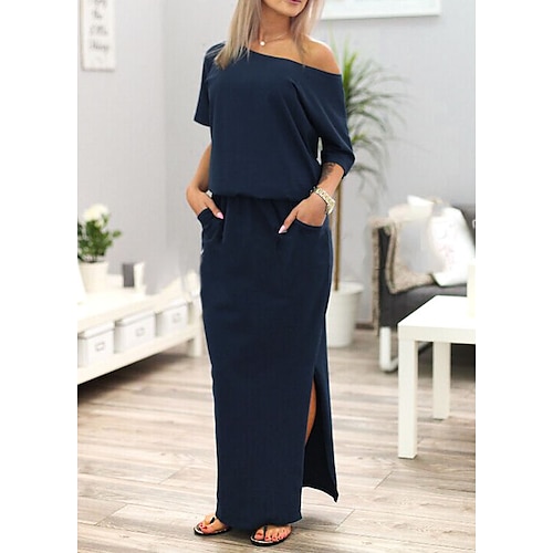 

Women's Loose Maxi long Dress Blue Black Pink Navy Blue Half Sleeve Dusty Rose Simple Solid Colored Stylish Split Spring Summer Off Shoulder Casual Streetwear Regular Fit Split S M L XL XXL