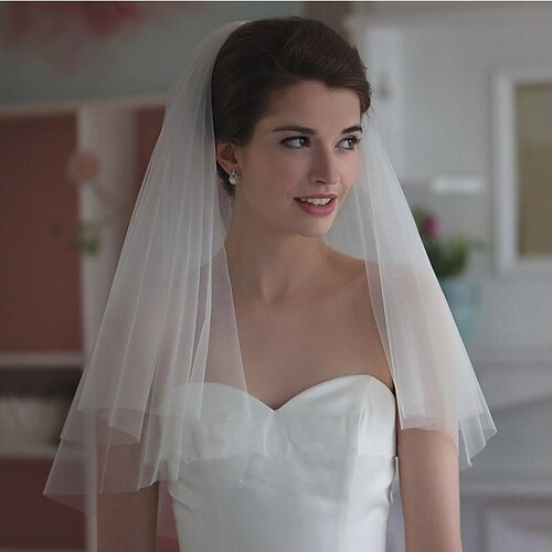 

Two-tier Cut Edge Wedding Veil Elbow Veils with Flower Comb Tulle / Classic