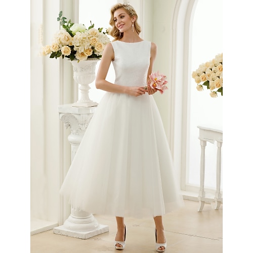 

A-Line Wedding Dresses Bateau Neck Tea Length Tulle Sequined Regular Straps Simple Little White Dress with Lace Sequin 2022