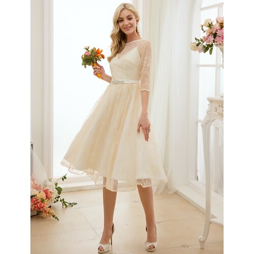 

A-Line Wedding Dresses Bateau Neck Knee Length Lace Charmeuse 3/4 Length Sleeve See-Through with Sash / Ribbon Bow(s) 2022 / Illusion Sleeve