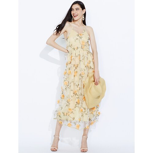 Women's Beach Chic & Modern Slim Swing Dress - Floral Modern Style V Neck Summer Silk Yellow S M L