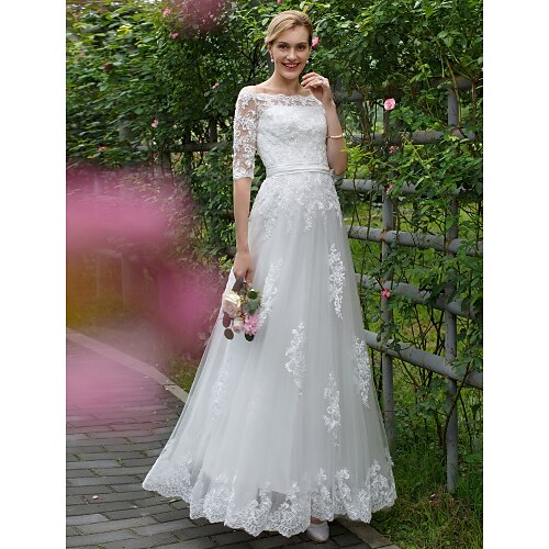 

Princess A-Line Wedding Dresses Off Shoulder Floor Length Lace Tulle Half Sleeve Floral Lace with Sashes / Ribbons Appliques 2022 / Illusion Sleeve