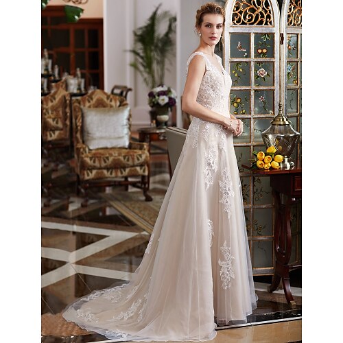 

A-Line Wedding Dresses V Neck Court Train Lace Tulle Regular Straps Romantic Illusion Detail with Beading Appliques 2022