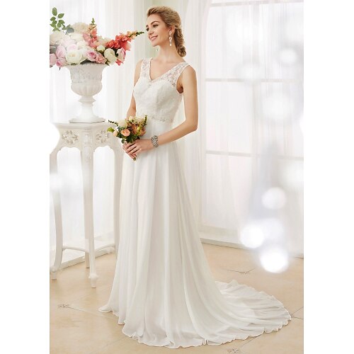 

A-Line Wedding Dresses V Neck Court Train Chiffon Lace Bodice Regular Straps Sexy Illusion Detail Backless with Beading Appliques Button 2022