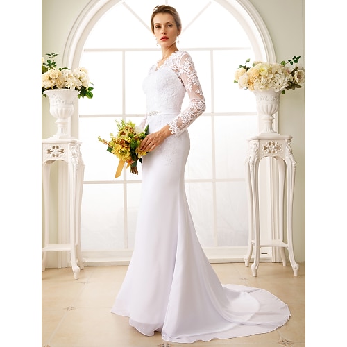

Mermaid / Trumpet Wedding Dresses V Neck Court Train Chiffon Floral Lace Long Sleeve Sexy See-Through Backless Illusion Sleeve with Sash / Ribbon Appliques 2022
