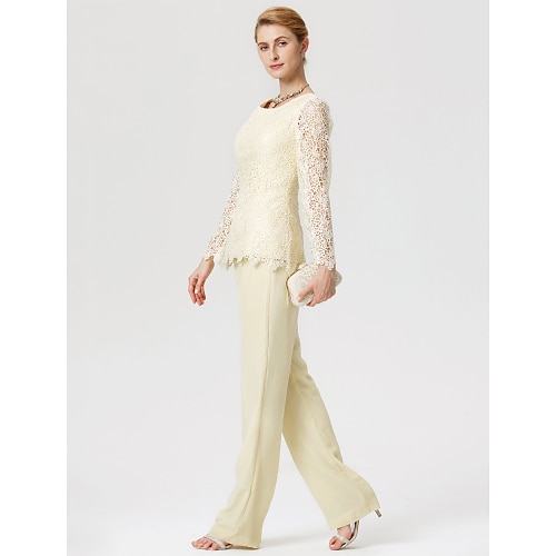

Jumpsuits Sheath / Column Pantsuit Mother of the Bride Dress Two Piece See Through Jumpsuits Jewel Neck Floor Length Chiffon Lace Long Sleeve with Lace 2022 / Illusion Sleeve