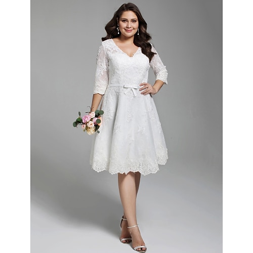 

A-Line Wedding Dresses V Neck Knee Length All Over Lace 3/4 Length Sleeve Casual Vintage See-Through Illusion Detail Backless with Sashes / Ribbons Bow(s) Buttons 2022