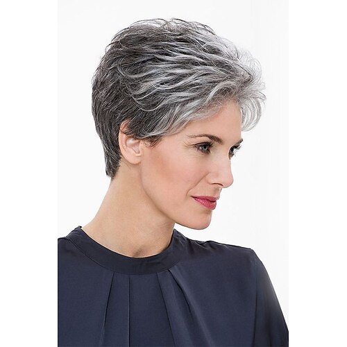 

Human Hair Blend Wig Natural Wave Machine Made Grey 10 inch Daily