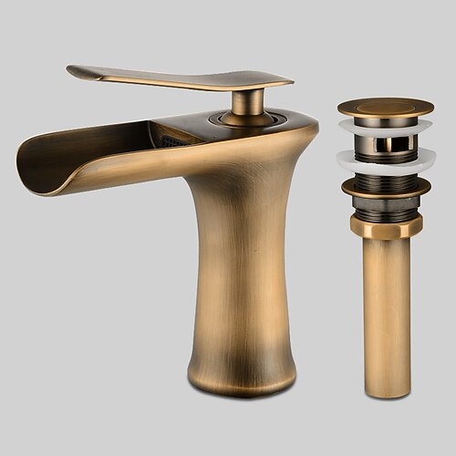 

Antique Bronze Brass Faucet Set,Waterfall Antique Bronze Deck Mounted Single Handle One Hole Bath Taps with Hot and Cold Switch and Drain