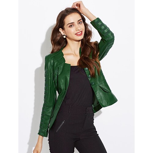Women's Faux Leather Jacket Daily Sophisticated Solid Colored PU Men's Suit Black / Green / Red - Square Neck / Long Sleeve / Plus Size