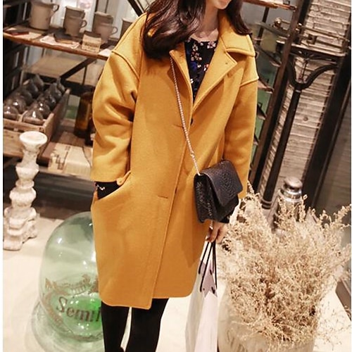 

Women's Coat Daily Winter Long Coat Shirt Collar Regular Fit Jacket Long Sleeve Solid Colored Yellow Blushing Pink Light Blue / Cotton