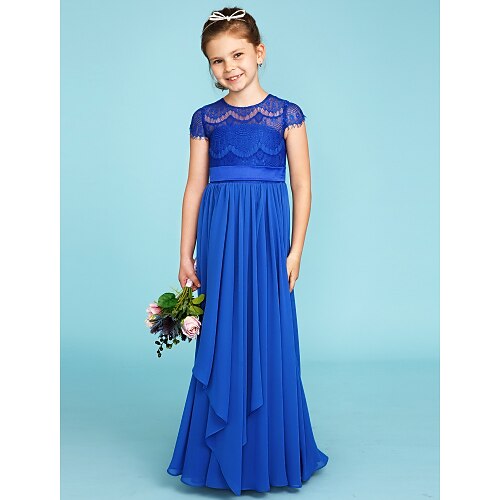 

Princess Floor Length Crew Neck Chiffon Junior Bridesmaid Dresses&Gowns With Bow(s) Wedding Party Dresses 4-16 Year