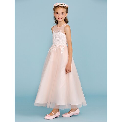 

Princess Ankle Length Jewel Neck Lace Junior Bridesmaid Dresses&Gowns With Sash / Ribbon Wedding Party Dresses 4-16 Year