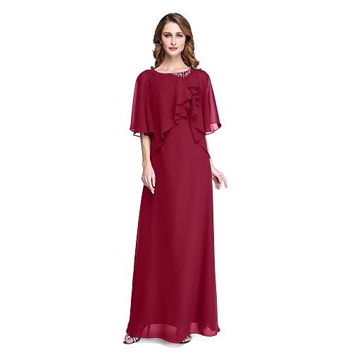 

Sheath / Column Mother of the Bride Dress Elegant Open Back Jewel Neck Floor Length Chiffon Half Sleeve with Pleats Beading Ruffle 2022 / Poet Sleeve