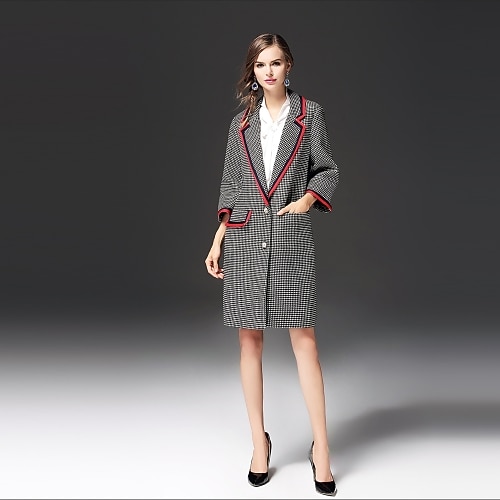 

Women's Coat Daily Fall Winter Long Coat Notch lapel collar Streetwear Jacket Long Sleeve Houndstooth Black / Going out / Cotton