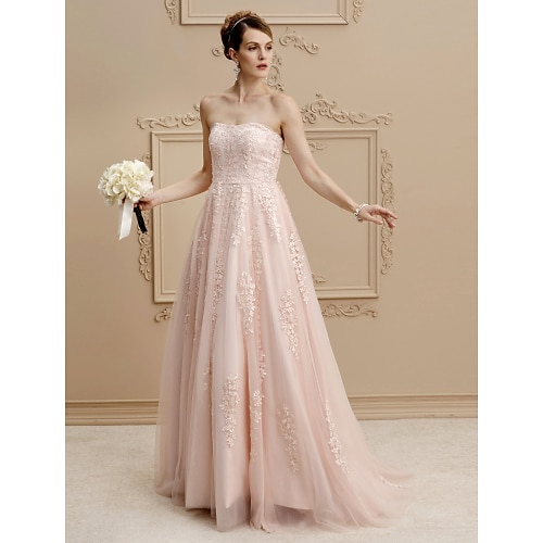 

A-Line Wedding Dresses Strapless Sweep / Brush Train Lace Tulle Strapless Romantic Plus Size Backless with Buttons Beading Appliques 2022