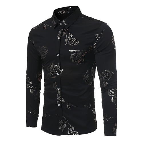 

Men's Shirt Prom Shirt Floral Classic Collar Wine Navy Blue Black Party Daily Long Sleeve Print Clothing Apparel / Club / Slim