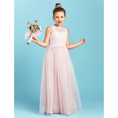 

Princess Floor Length Jewel Neck Tulle Junior Bridesmaid Dresses&Gowns With Pleats Wedding Party Dresses 4-16 Year