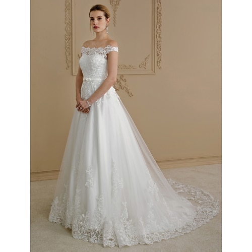 

Ball Gown Wedding Dresses Off Shoulder Court Train Lace Tulle Cap Sleeve Country Glamorous See-Through Plus Size Backless with Sashes / Ribbons Bow(s) Buttons 2022 / Royal Style