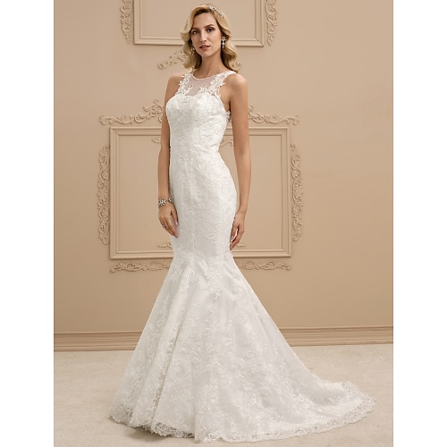 

Mermaid / Trumpet Wedding Dresses Bateau Neck Sweep / Brush Train All Over Lace Regular Straps Sexy Illusion Detail Backless with Beading Appliques 2022