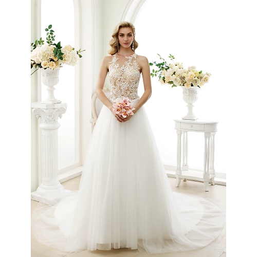 

Ball Gown Wedding Dresses Jewel Neck Chapel Train Lace Tulle Lace Over Tulle Regular Straps See-Through Beautiful Back with Buttons Appliques 2022