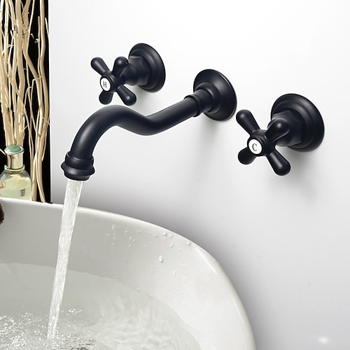 

Bathroom Wall Mounted Sink Faucet,Industrial Style Brass Widespread Oil-rubbed Bronze Two Handles Three Holes Bath Taps with Hot and Cold Water
