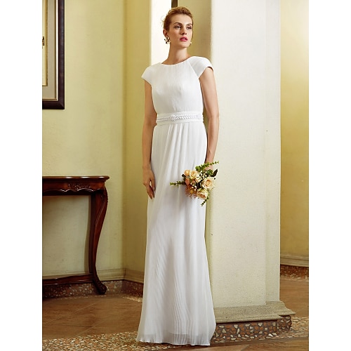 

Sheath / Column Wedding Dresses Jewel Neck Floor Length Chiffon Short Sleeve Open Back with Sashes / Ribbons Beading 2022