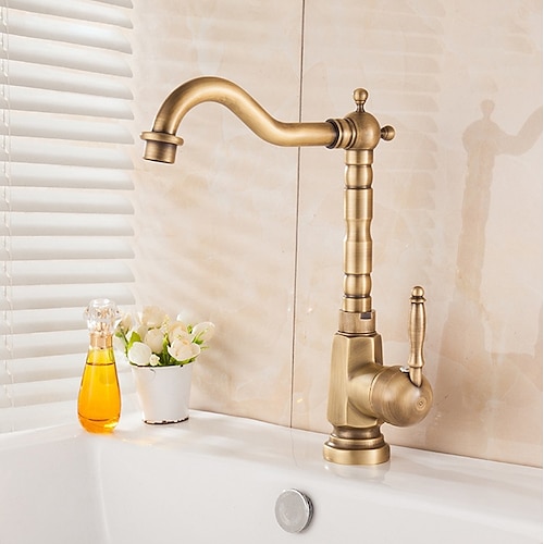 

Kitchen Faucet Rotatable Retro Style Brass Standard Spout Kitchen Vessel Taps Single Handle One Hole with Cold and Hot Water