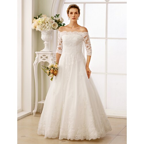 

A-Line Wedding Dresses Off Shoulder Floor Length Lace Tulle Lace Over Tulle 3/4 Length Sleeve Floral Lace Illusion Sleeve with Ruched Beading 2022