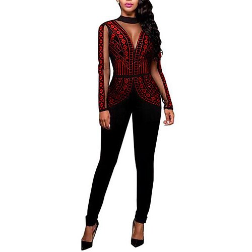 

Women's Jumpsuit Beaded Color Block Crew Neck Party Daily Slim Slim Black Wine Red S M L Fall / Plus Size