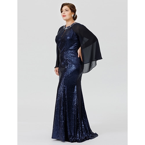 

Mermaid / Trumpet Mother of the Bride Dress Chic & Modern Glamorous & Dramatic Plus Size Jewel Neck Floor Length Chiffon Sequined 3/4 Length Sleeve with Crystals Beading 2022 / Sparkle & Shine