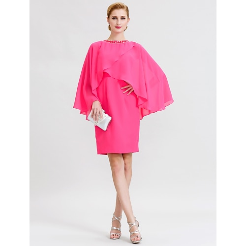 

Sheath / Column Mother of the Bride Dress Elegant Jewel Neck Knee Length Chiffon Long Sleeve with Crystals 2022 / Butterfly Sleeve