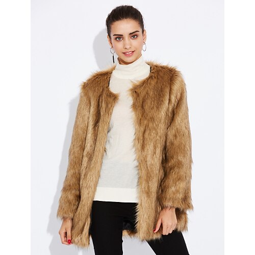 Women's Going out Winter Regular Fur Coat, Solid Colored Long Sleeve Faux Fur Gray