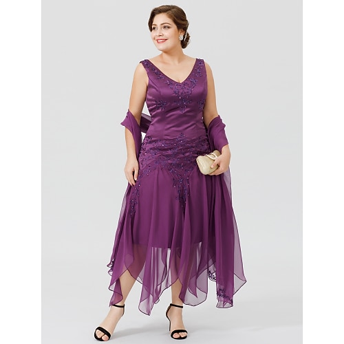 

A-Line Mother of the Bride Dress Classic & Timeless Elegant & Luxurious Plus Size V Neck Asymmetrical Chiffon Satin All Over Lace Sleeveless with Beading Appliques 2022 / Wrap Included