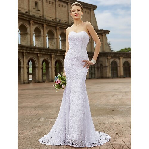 

Mermaid / Trumpet Wedding Dresses Sweetheart Neckline Sweep / Brush Train Lace Strapless Country Plus Size with Appliques 2022