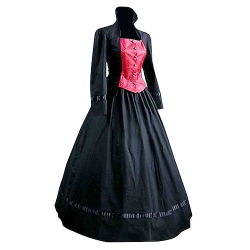 Duchess Classic Lolita Victorian Medieval Dress Women's Girls' Cotton Party Prom Japanese Cosplay Costumes Plus Size Customized Black Ball Gown Patchwork Poet Sleeve Long Sleeve Long Length